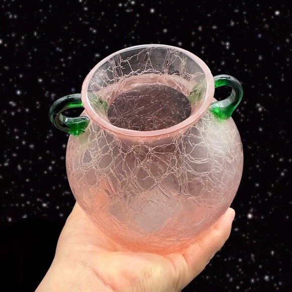 Pink Crackled Art Glass Vase with Applied Green Handles Textured Surface 8”T 3”W - Picture 9 of 13